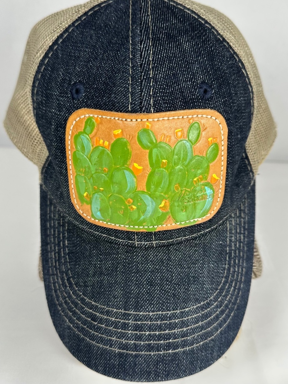 McIntire Saddlery Leather Patch Hand Painted & Tooled Cactus Trucker Hat Denim
